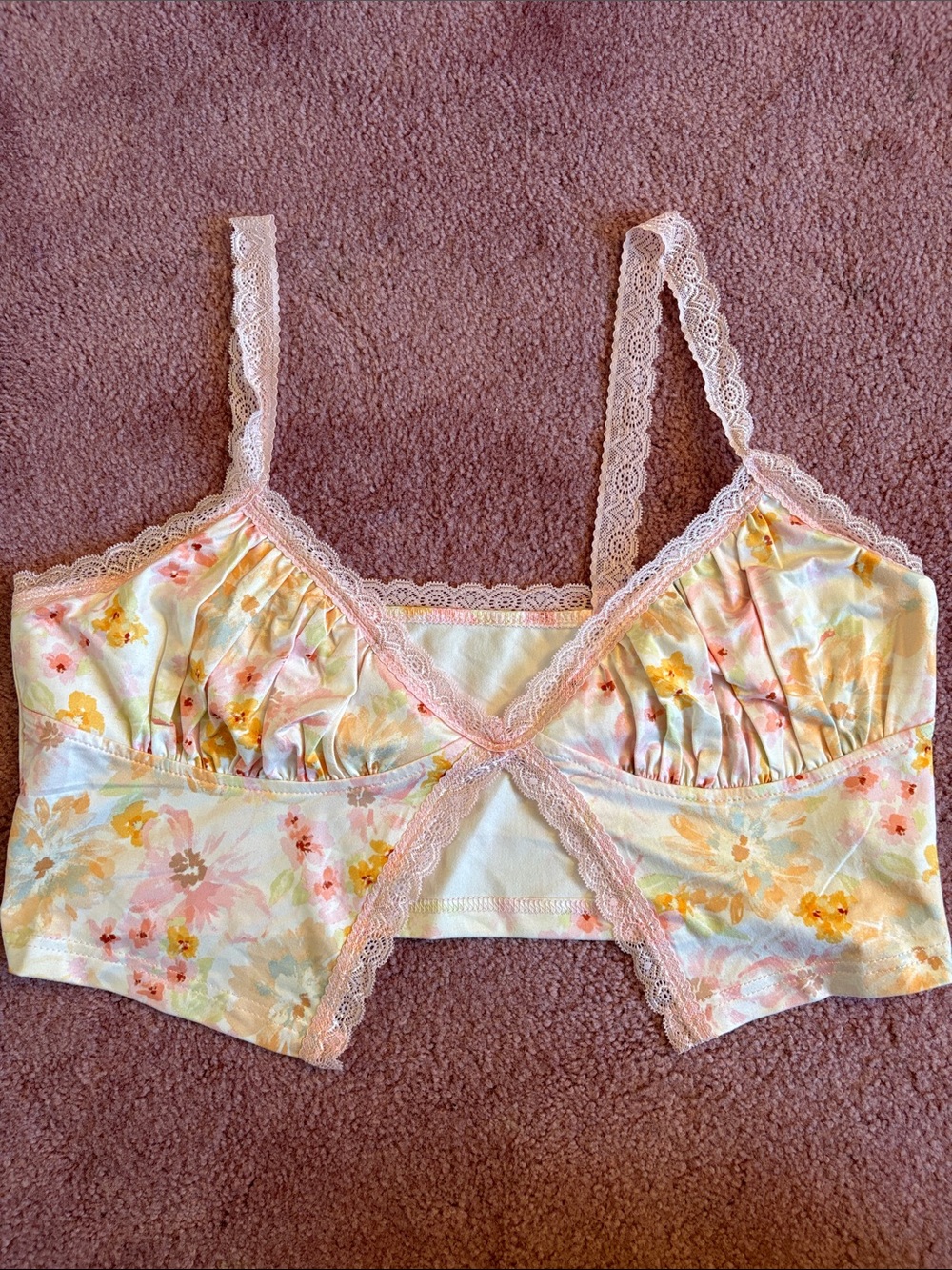 Floral Lace-Trim Bralette in Pastel Pink and Yellow